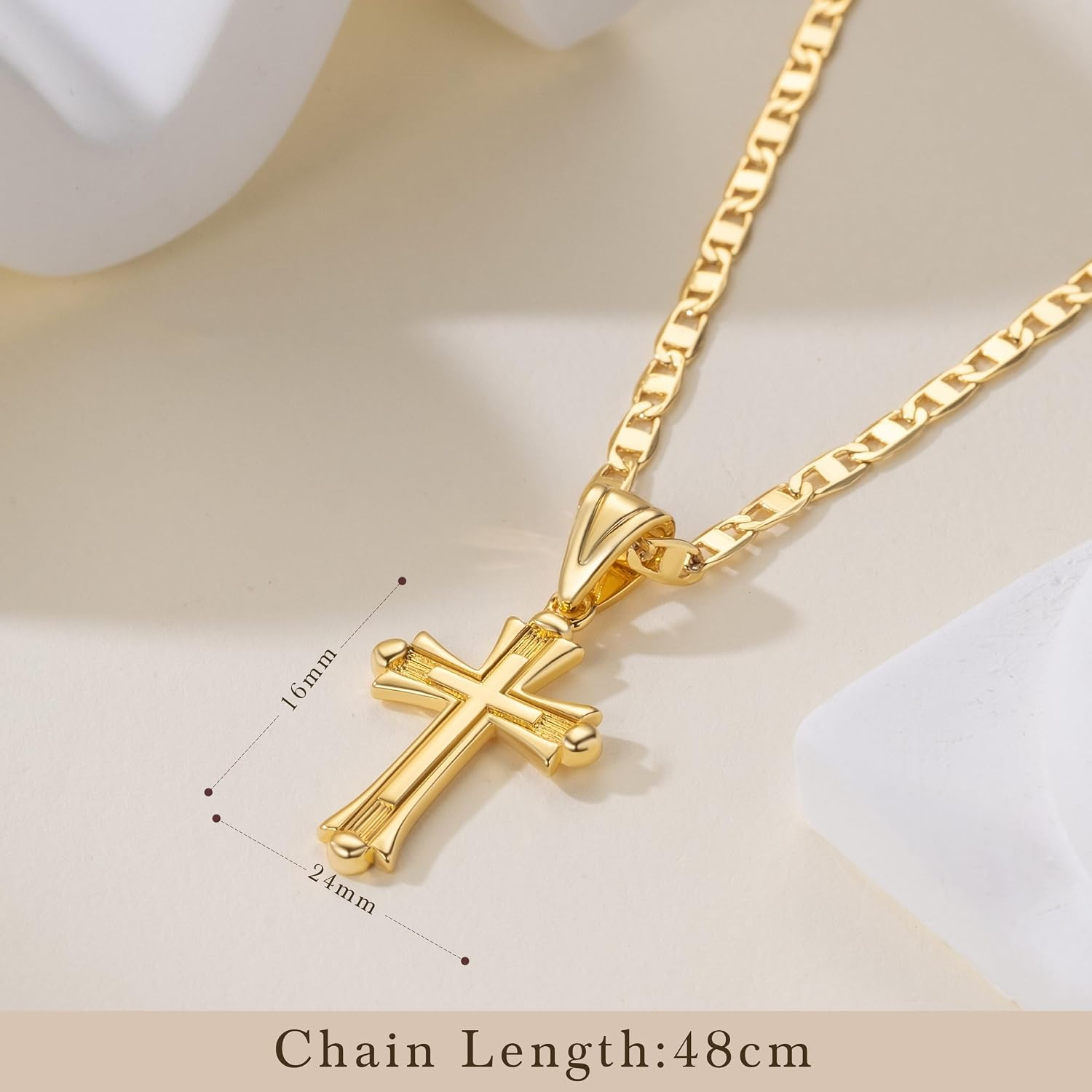 14K Gold Double Cross Pendant for Women 48Cm Mariner Chain - Image 5
