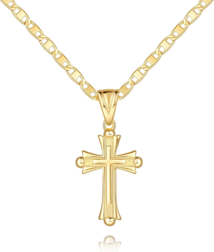 14K Gold Double Cross Pendant for Women 48Cm Mariner Chain
