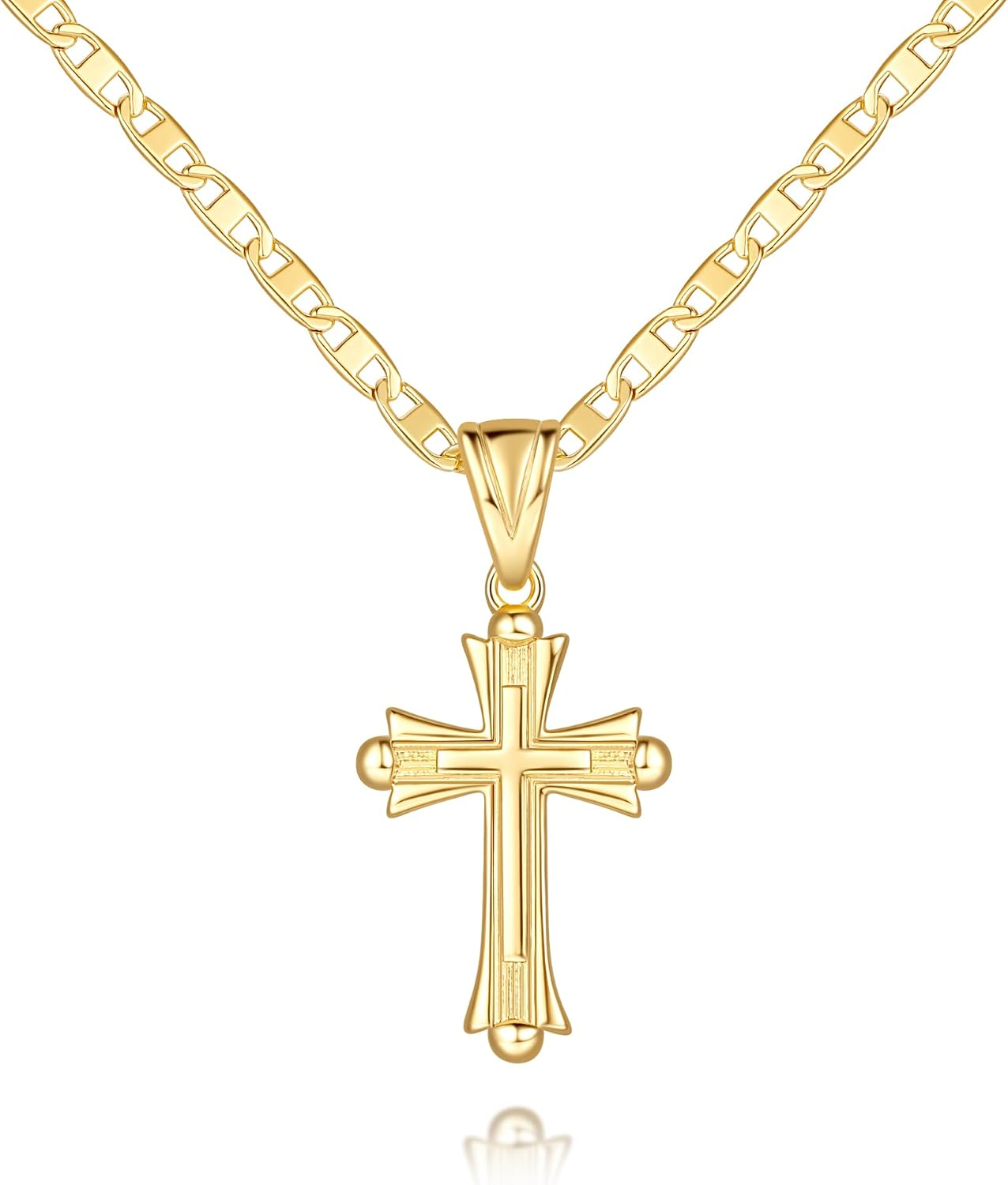14K Gold Double Cross Pendant for Women 48Cm Mariner Chain