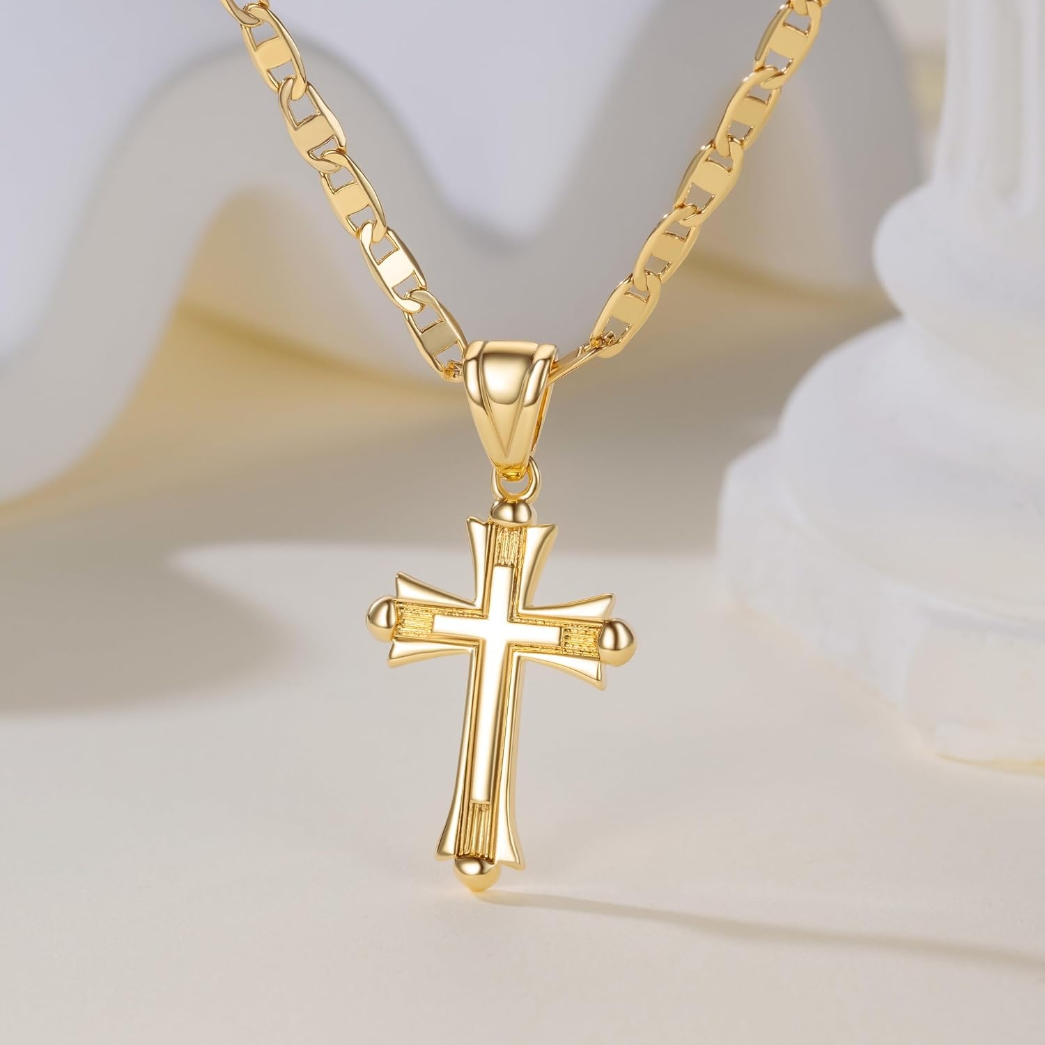 14K Gold Double Cross Pendant for Women 48Cm Mariner Chain - Image 6
