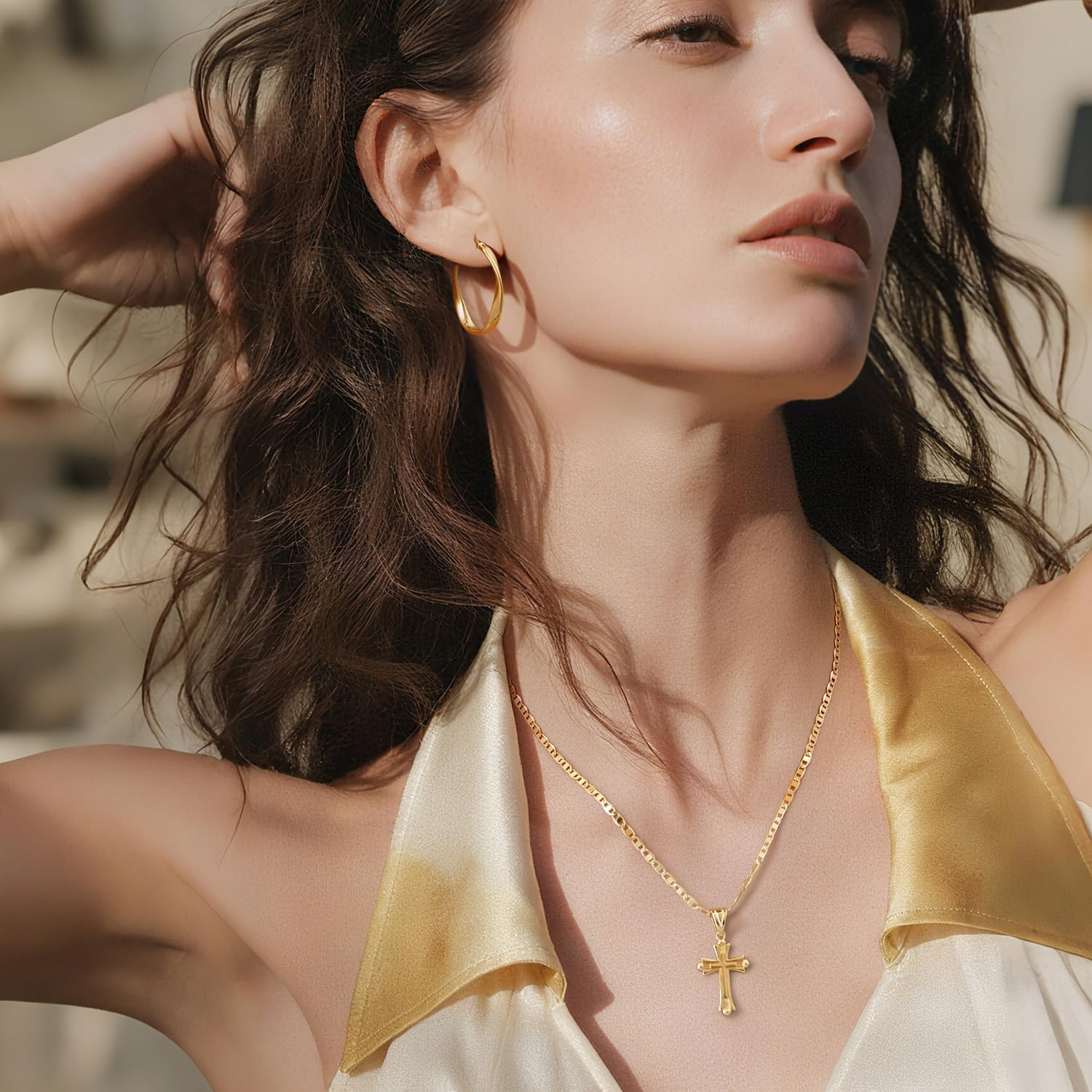 14K Gold Double Cross Pendant for Women 48Cm Mariner Chain - Image 3