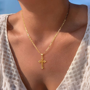 14K Gold Double Cross Pendant for Women 48Cm Mariner Chain